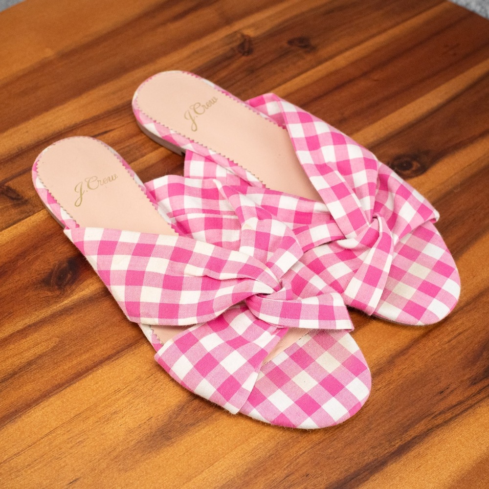 J Crew J.Crew Size 6 Cora Pink/White Gingham Twisted Slide Sandals AJ839